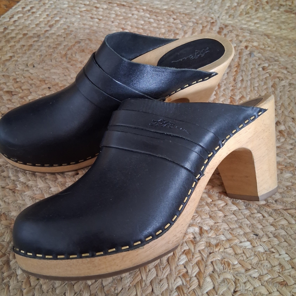 L.L. Bean Black Leather Mules with Tan Wooden Heel